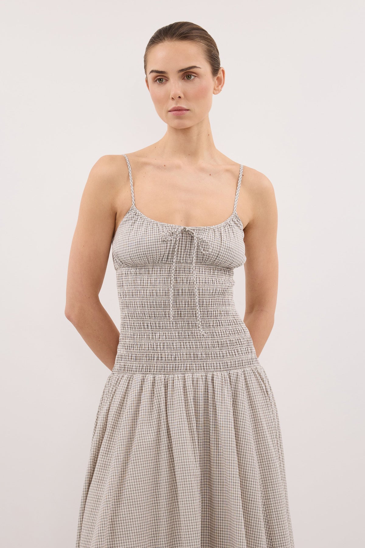 LILA CREAM CHECK MIDI DRESS