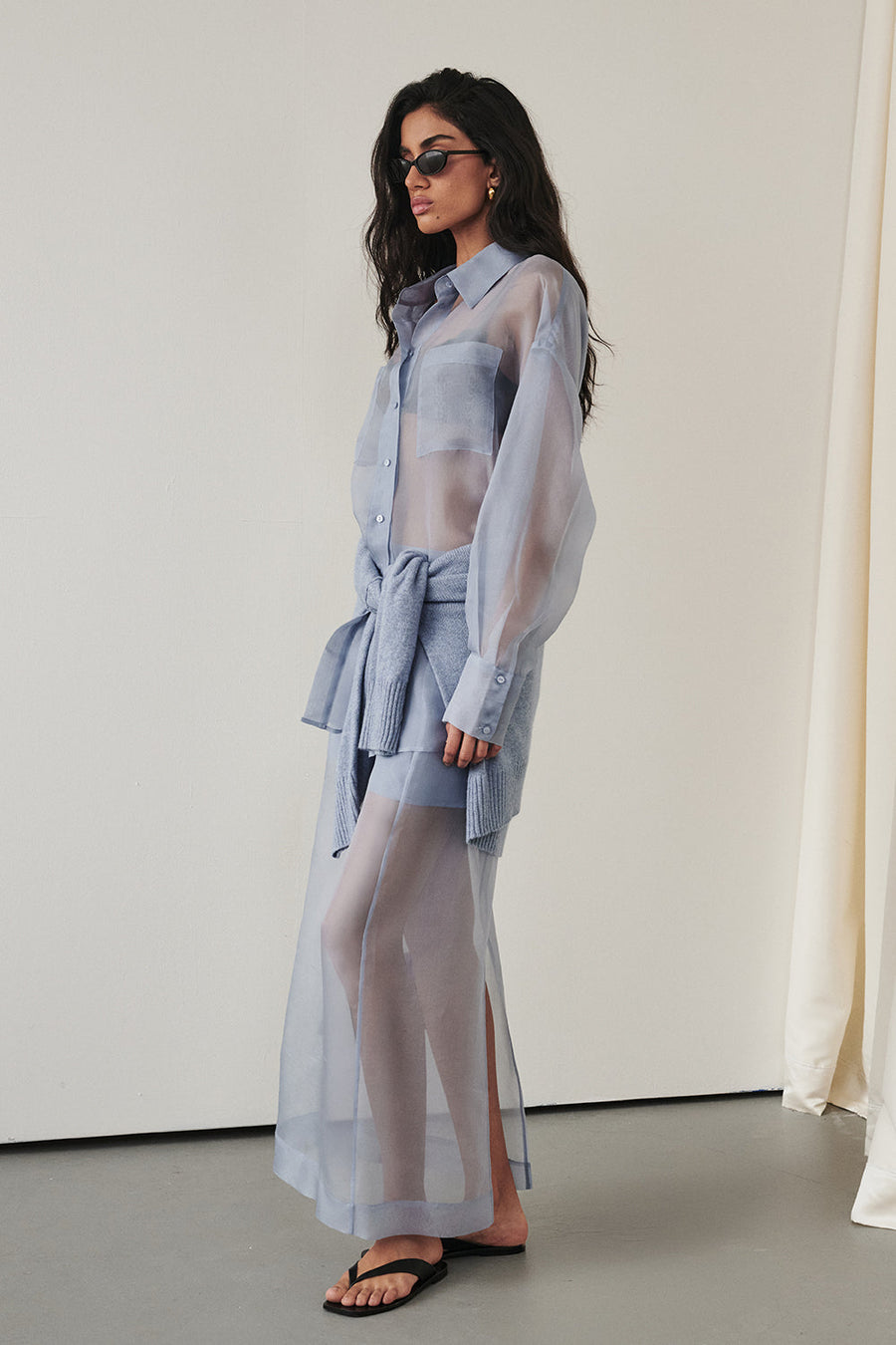 SIAN DUSTY BLUE SILK ORGANZA MIDI SKIRT