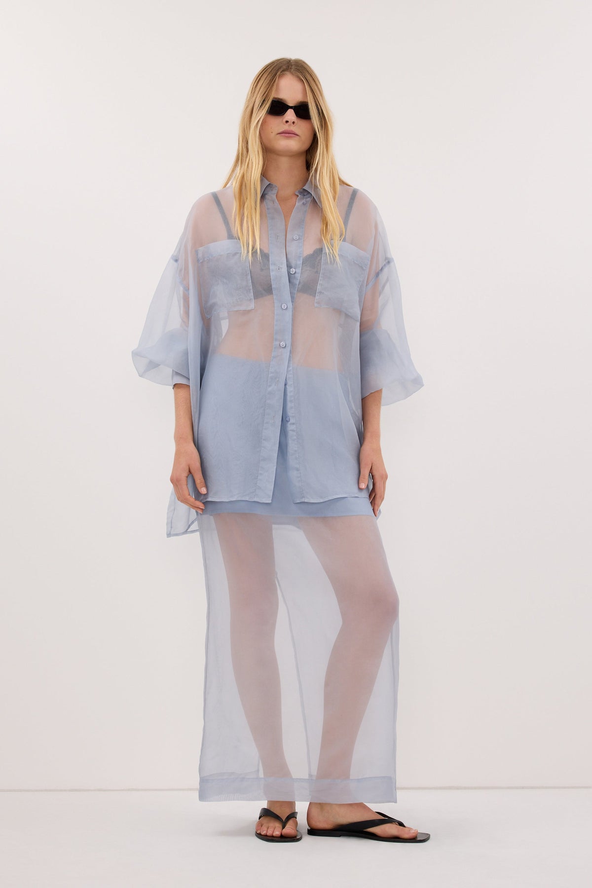 SIAN DUSTY BLUE SILK ORGANZA MIDI SKIRT