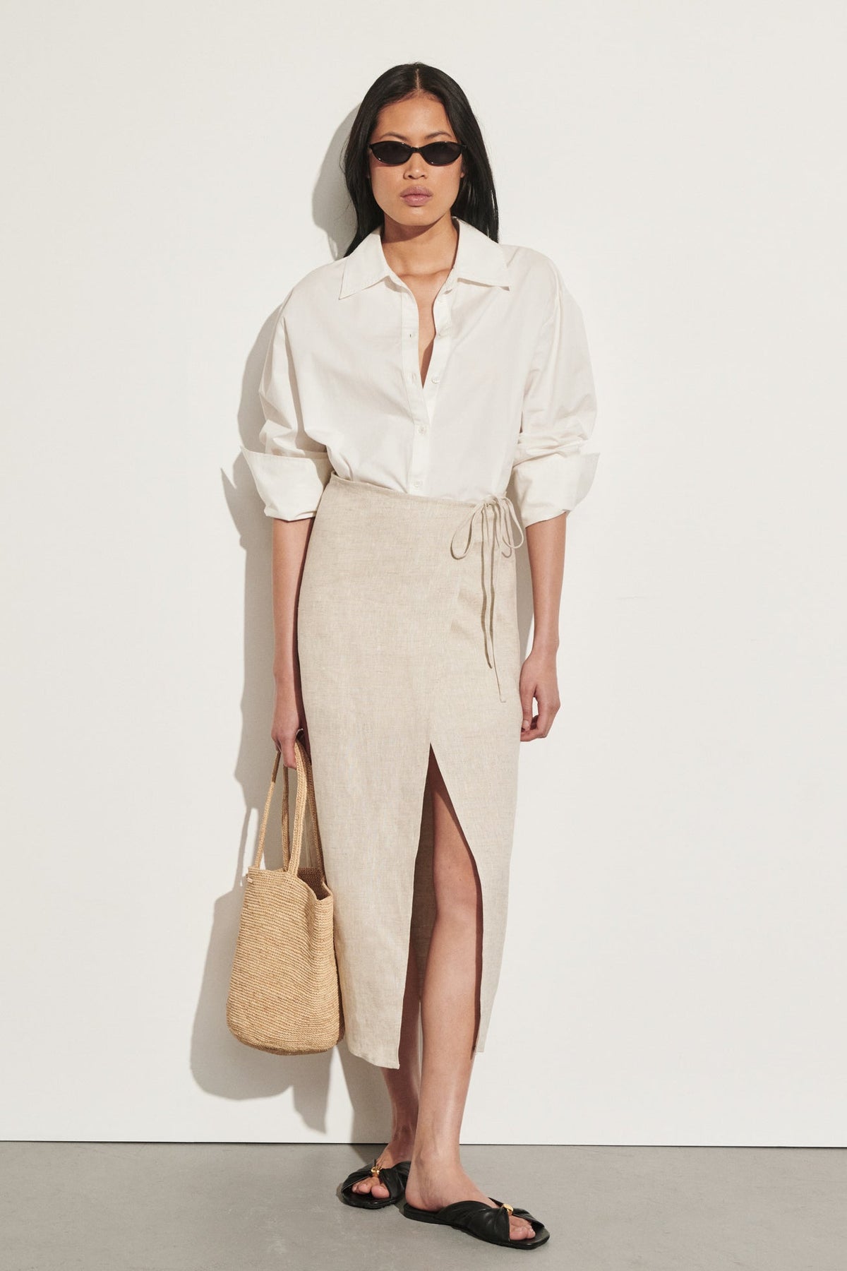 ODETTE NATURAL LINEN WRAP MIDI SKIRT