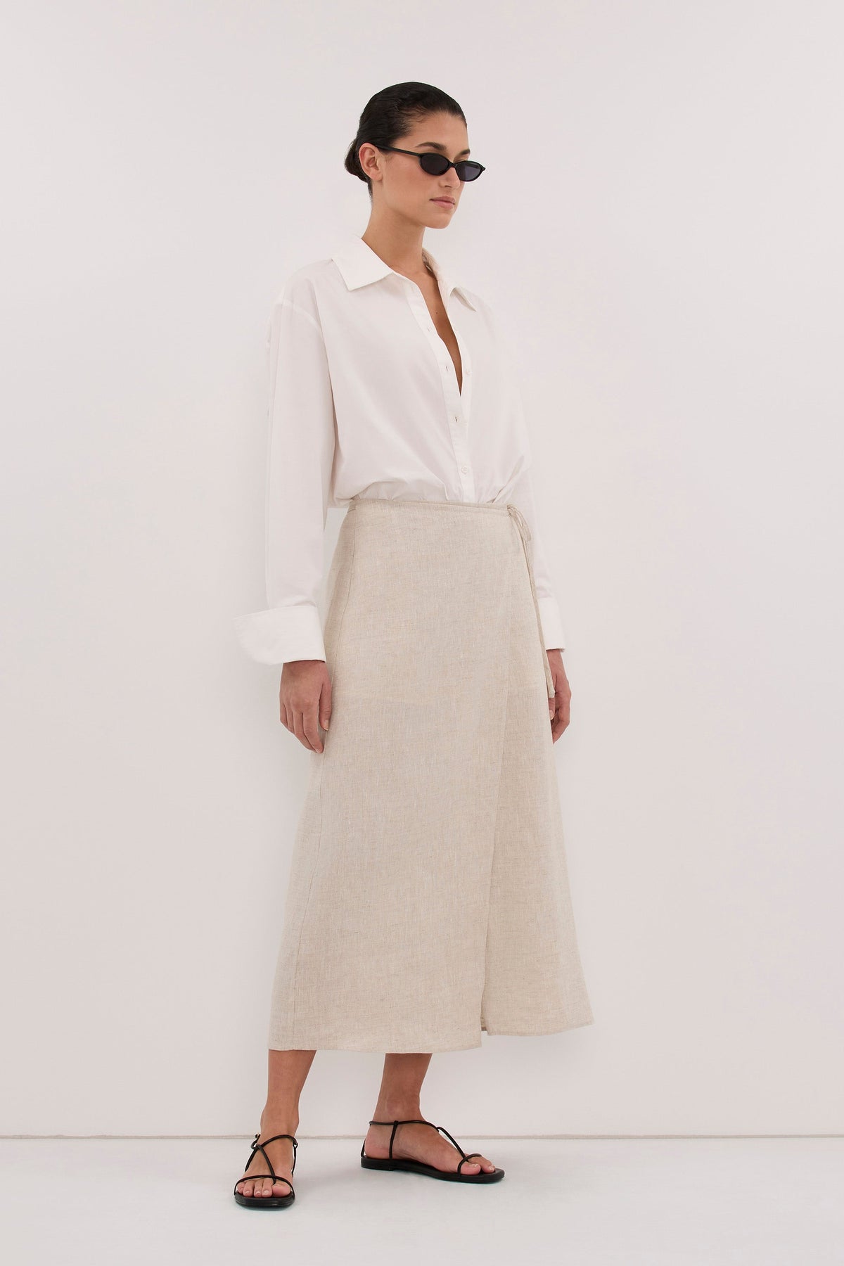 ODETTE NATURAL LINEN WRAP MIDI SKIRT