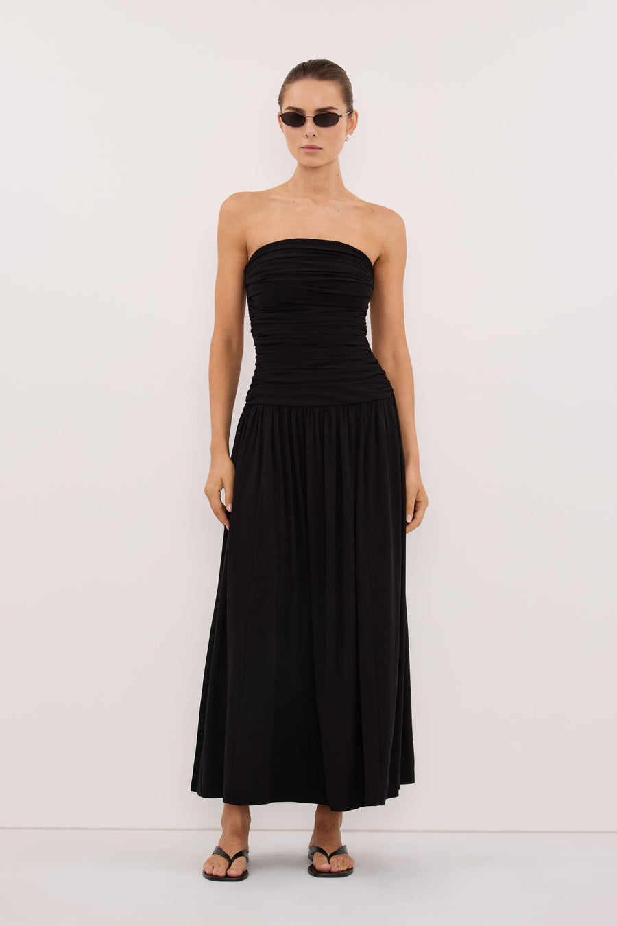 SHARI BLACK STRAPLESS BANDEAU MIDI DRESS