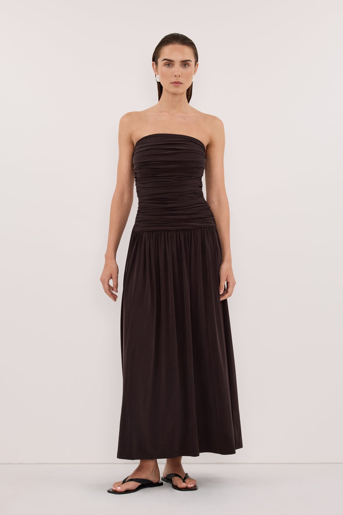 SHARI BURNT CHOC STRAPLESS BANDEAU MIDI DRESS