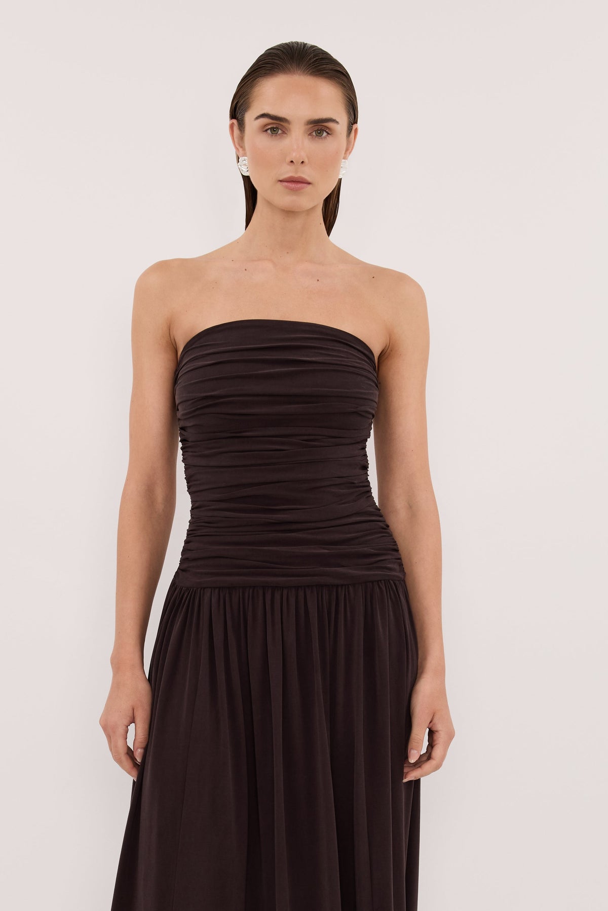 SHARI BURNT CHOC STRAPLESS BANDEAU MIDI DRESS