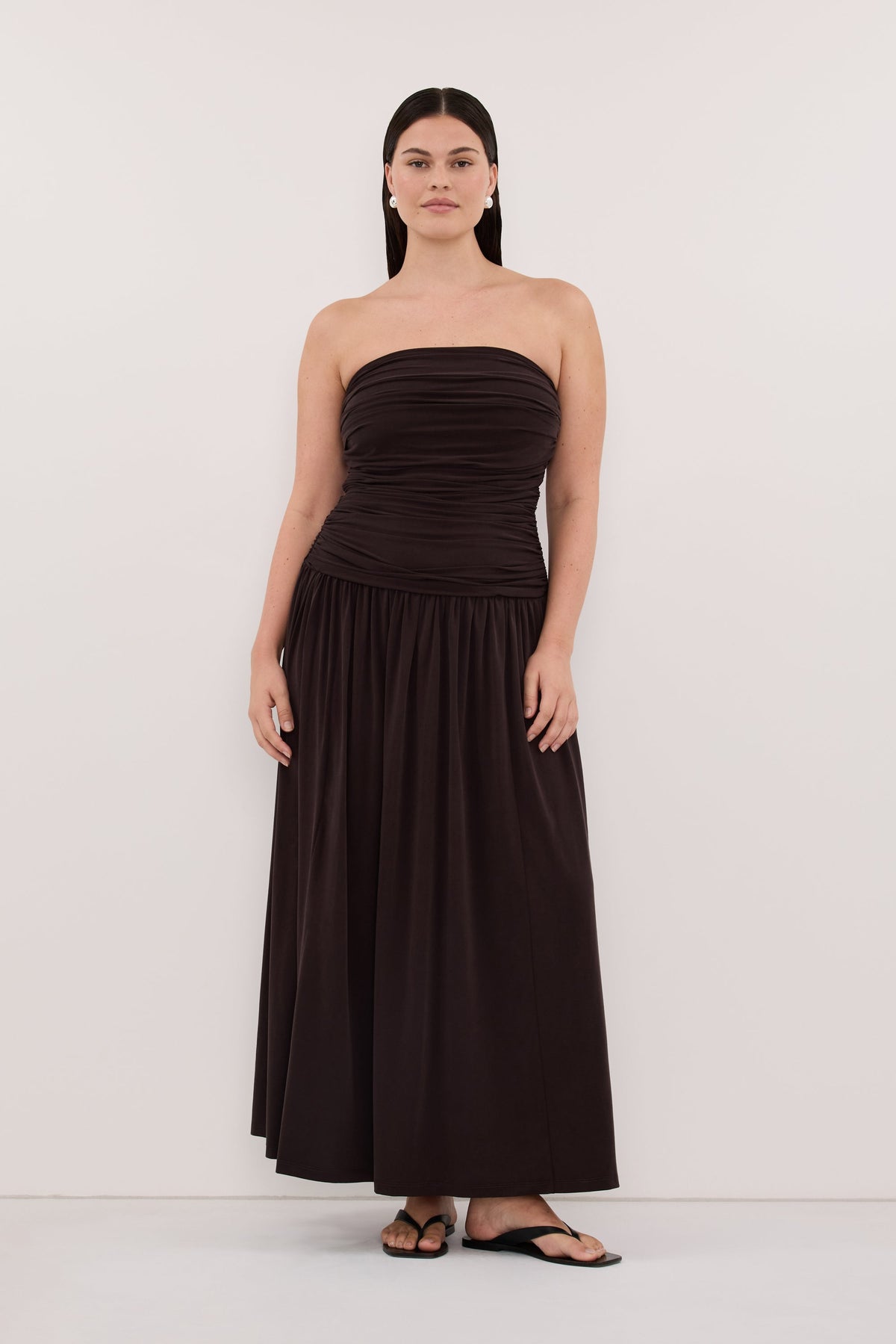 SHARI BURNT CHOC STRAPLESS BANDEAU MIDI DRESS