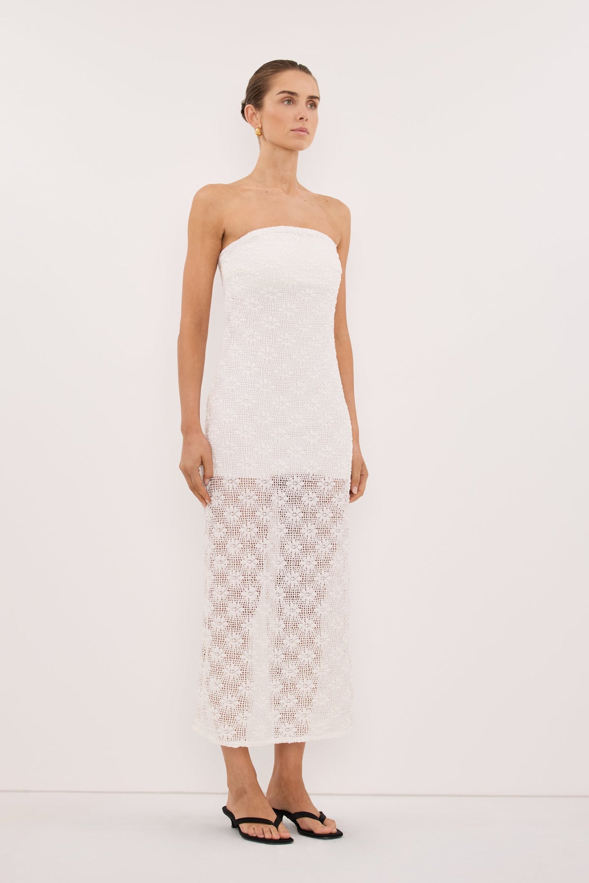 AGNES WHITE STRAPLESS CROCHET MAXI DRESS