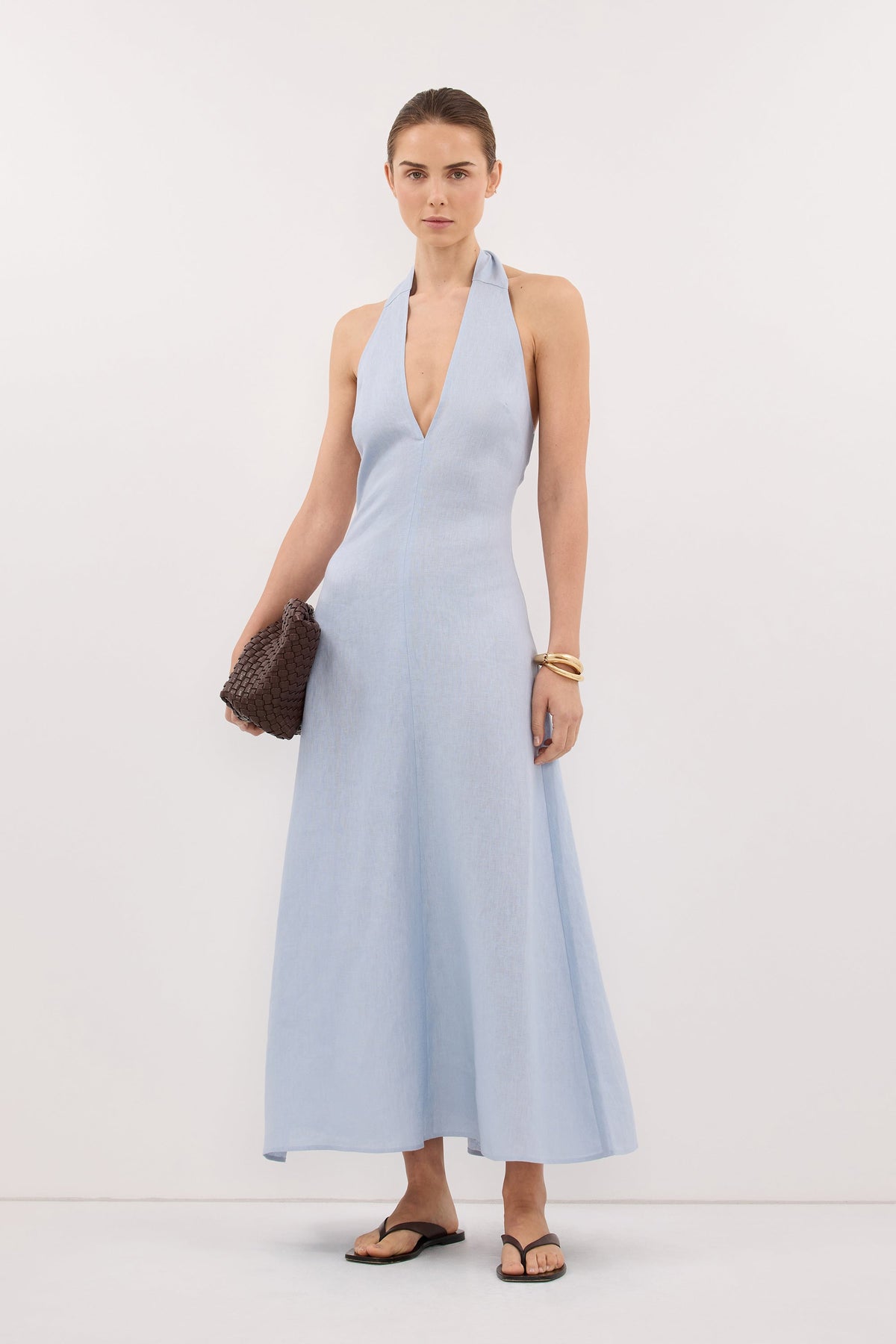 SKY DUSTY BLUE LINEN MIDI DRESS