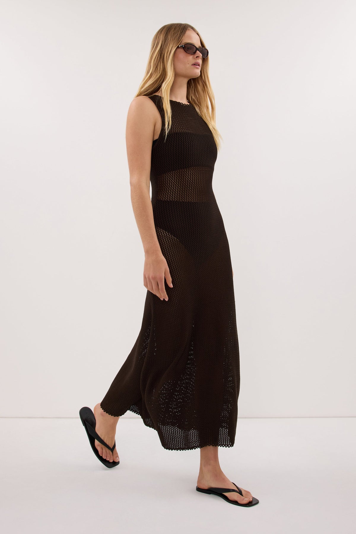NALIA BLACK OLIVE OPEN KNIT MIDI DRESS