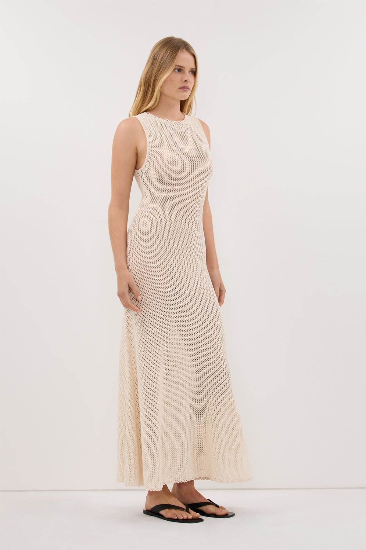 NALIA NATURAL OPEN KNIT MIDI DRESS