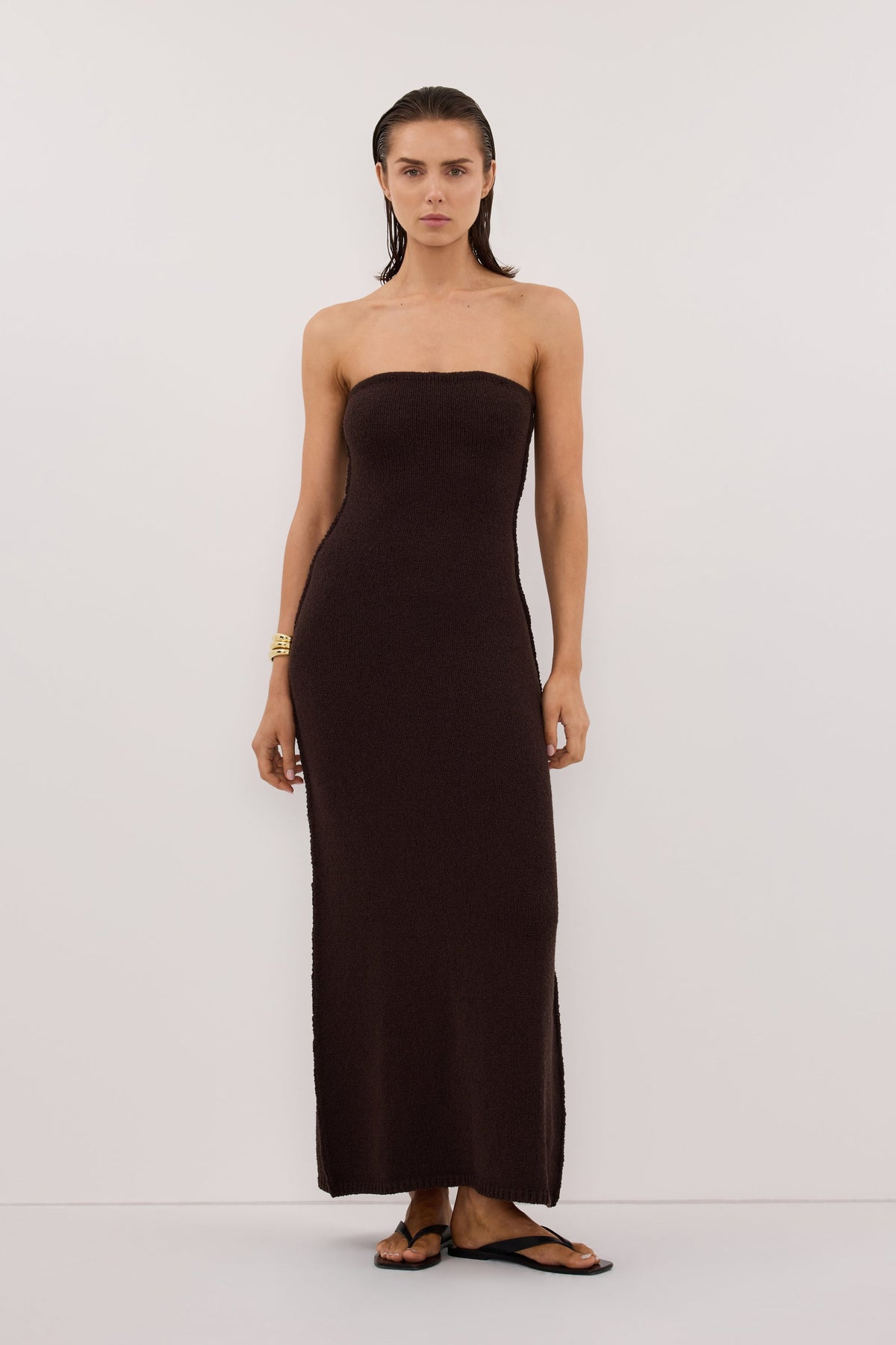 KARA CHOC STRAPLESS KNIT MIDI DRESS