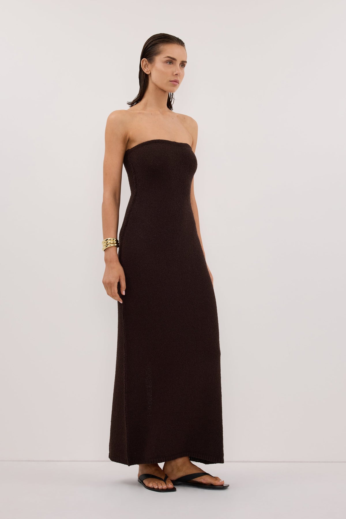 KARA CHOC STRAPLESS KNIT MIDI DRESS