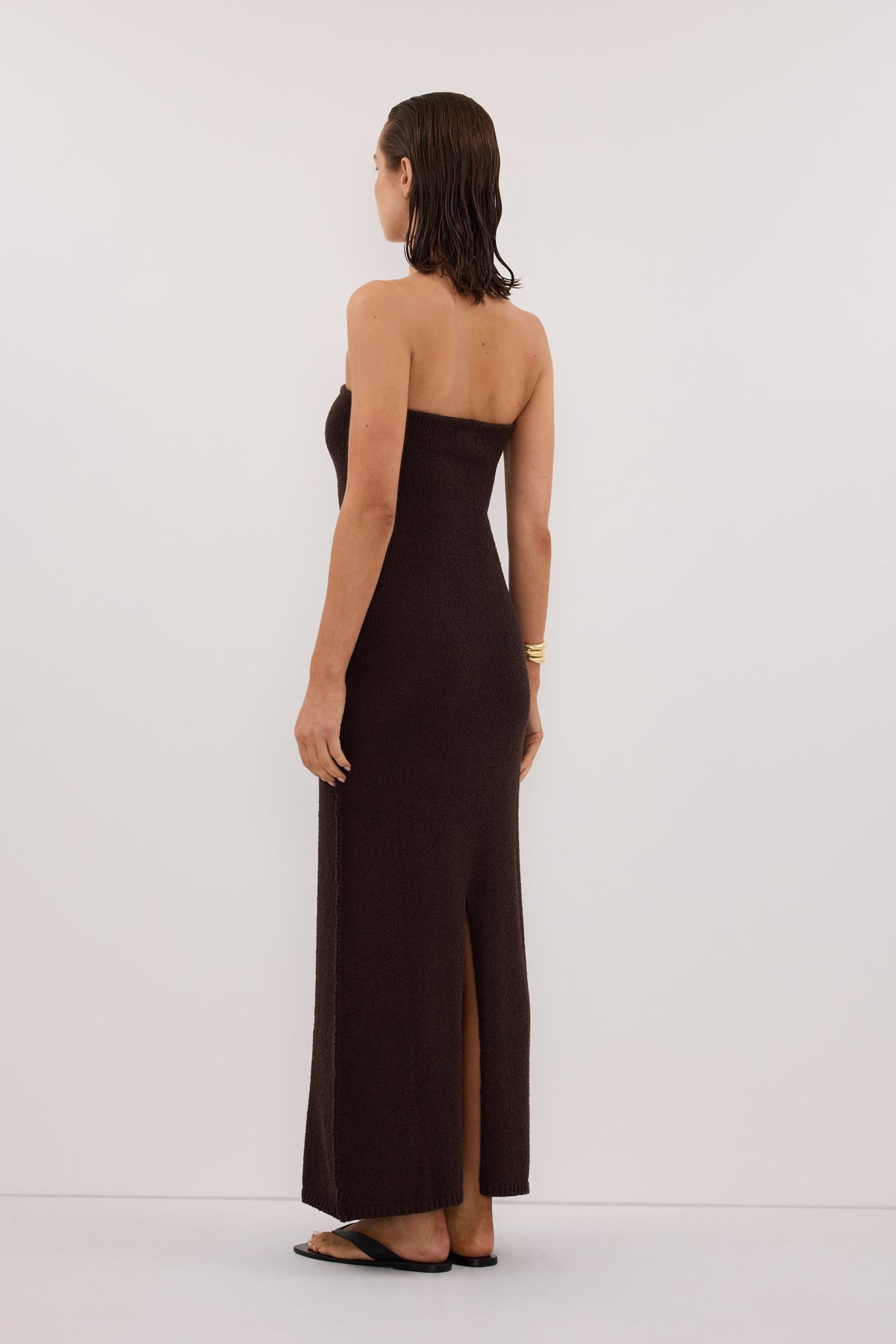 KARA CHOC STRAPLESS KNIT MIDI DRESS