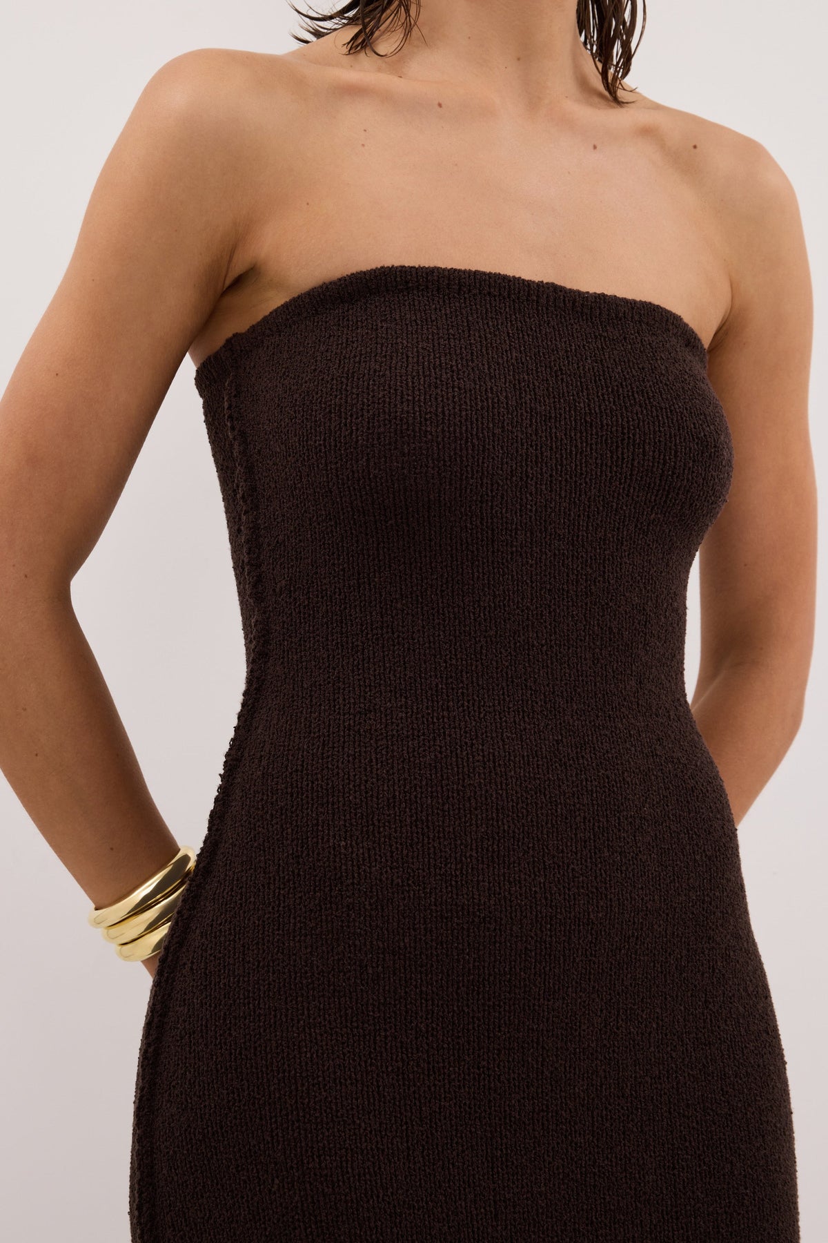 KARA CHOC STRAPLESS KNIT MIDI DRESS